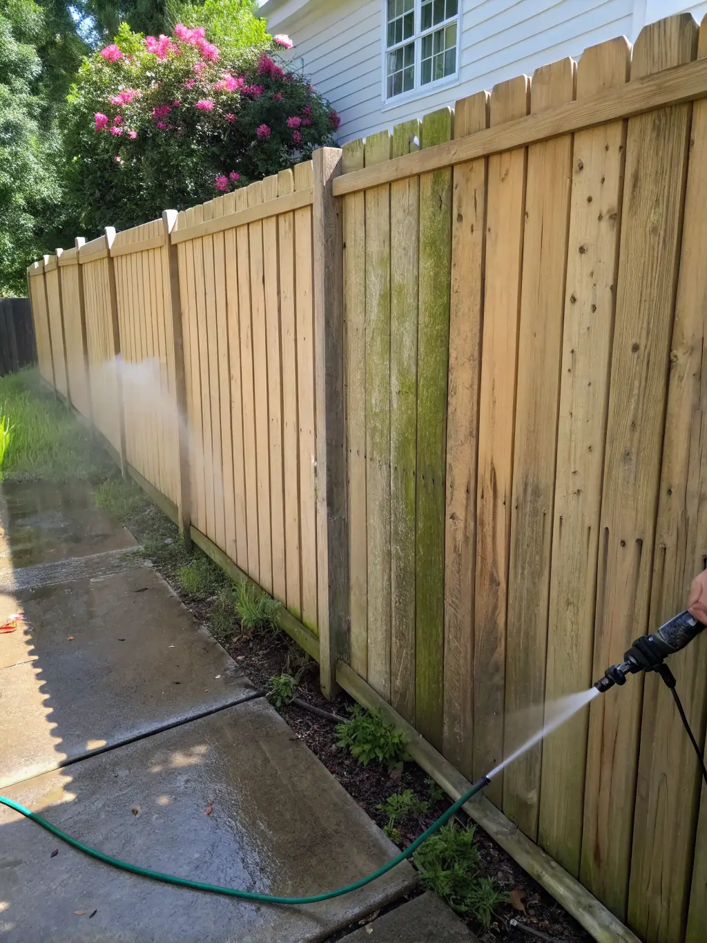 A wooden fence being cleaned, showing the removal of algae and dirt, and emphasizing the restored natural look of the wood.