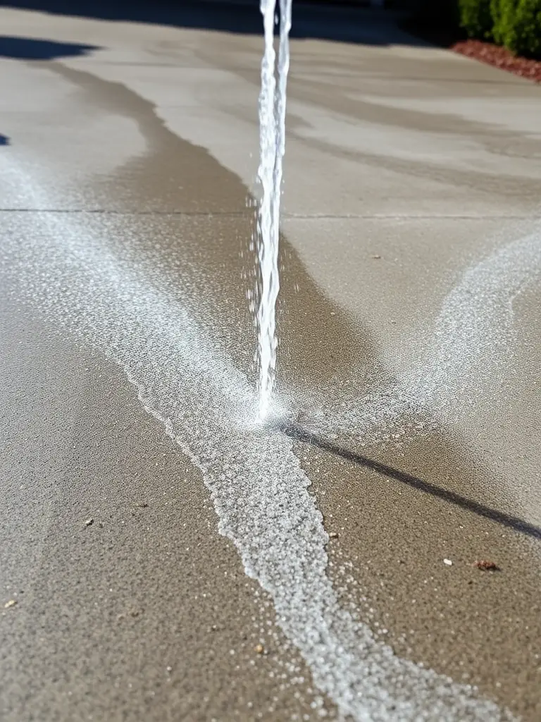 A concrete driveway being cleaned with a power washer, highlighting the removal of stains and dirt, and emphasizing the restored clean surface.