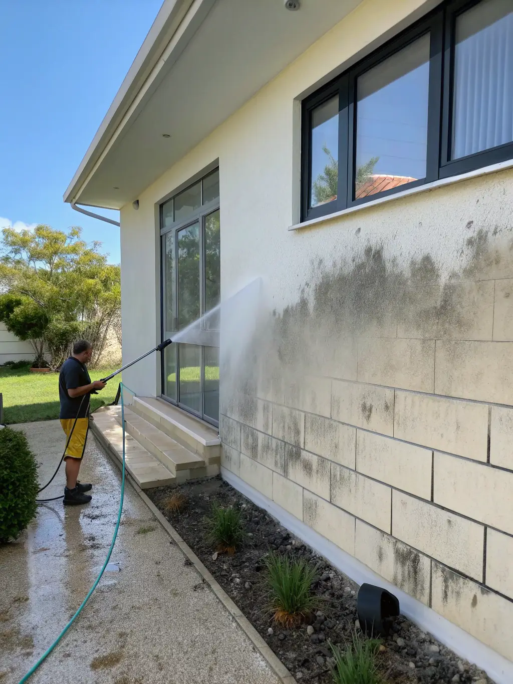 A residential house exterior being power washed, showcasing the removal of dirt and grime, with a focus on the clean, refreshed appearance after the service.